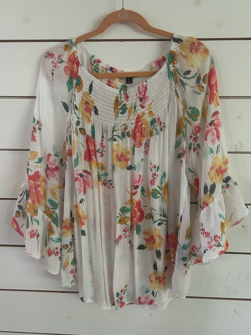 ZAC & RACHEL WOMAN 1X Smocked Floral Bell Sleeve Peasant Blouse